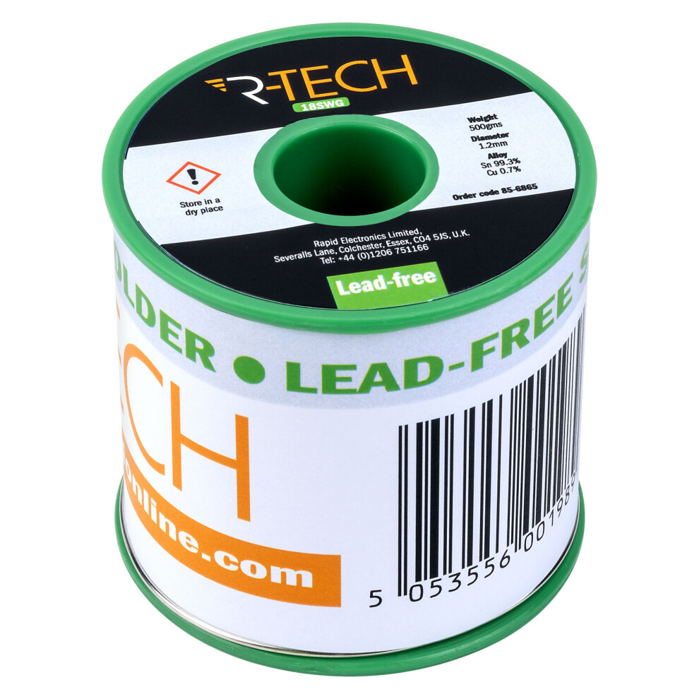 R-Tech 856865 Lead-Free Solder Wire 18Swg 1.2Mm 500G Reel 5053556001989