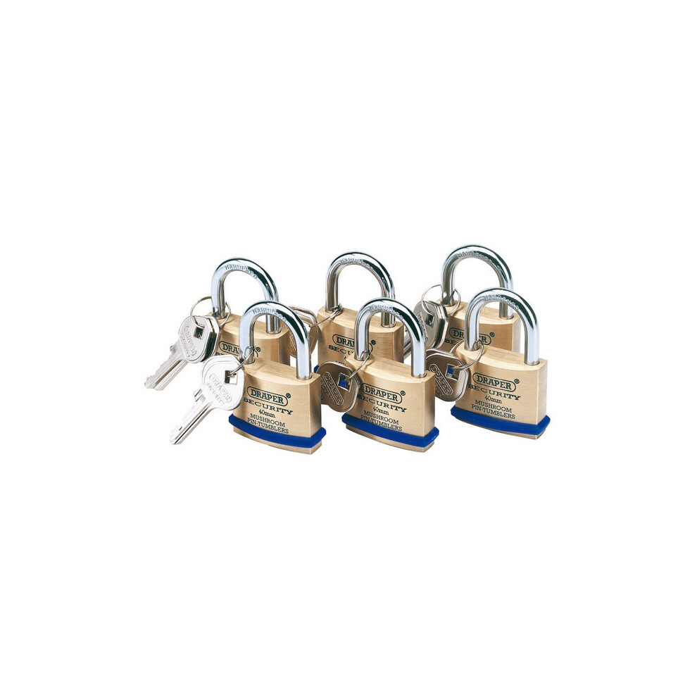 Solid Brass Padlocks with Hardened Steel Shackle, 40mm (Pack of 6)