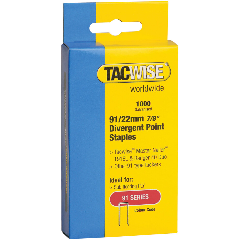 Tacwise 288 91 Narrow Crown Divergent Point Staples 22mm - Electric Tackers Pack 1000