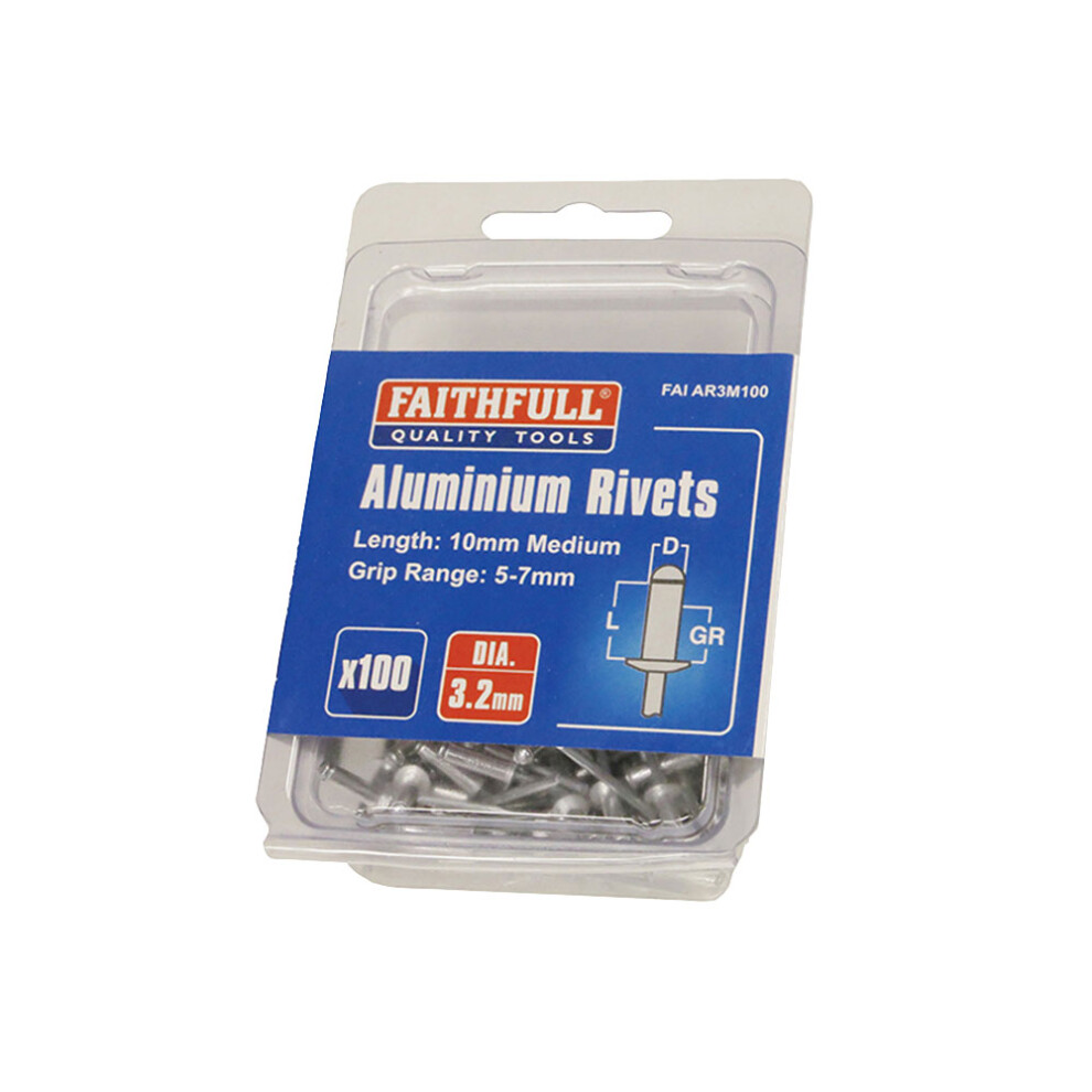 Faithfull Faiar3m100 Aluminium Rivets 3.2Mm X 10Mm Medium Pre-Pack Of 100