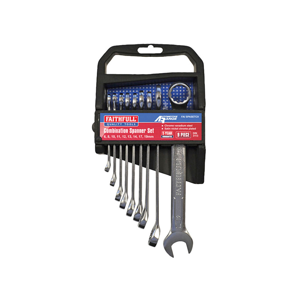 Faithfull FAISPASETC9 Chrome Vanadium Combination Spanner Set of 9 Metric 6 to 19mm