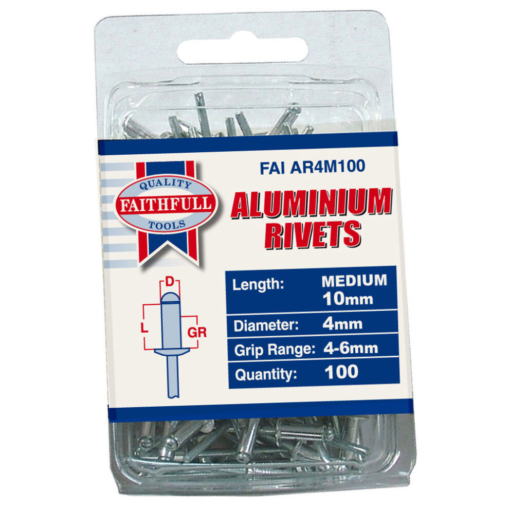 Faithfull FAIAR4M100 Aluminium Rivets 4mm x 10mm Medium Pre-Pack of 100