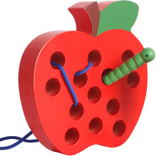 Travel Games, Wooden Lacing Threading Weaving Worm Toy, Bright Red With Green Leaf, Non-Toxic Painted For 3-6 Year Olds, Vibrant Design With Cartoon