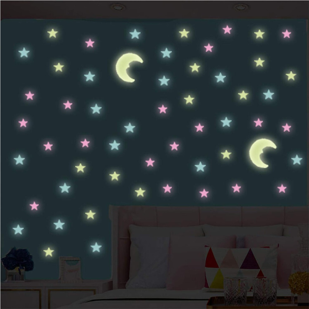 Colorful Stars Luminous Stickers, Creative Room Decor with 3D Glowing Stars and Moons for Ceiling Wall Decor (Pack of 50 Stars, 2 Moons)