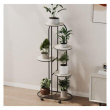 Metal Plant Stand With Wheels Indoor Flower Shelf Black 104x50x25 cm Natural Wood Rack Decorative Display