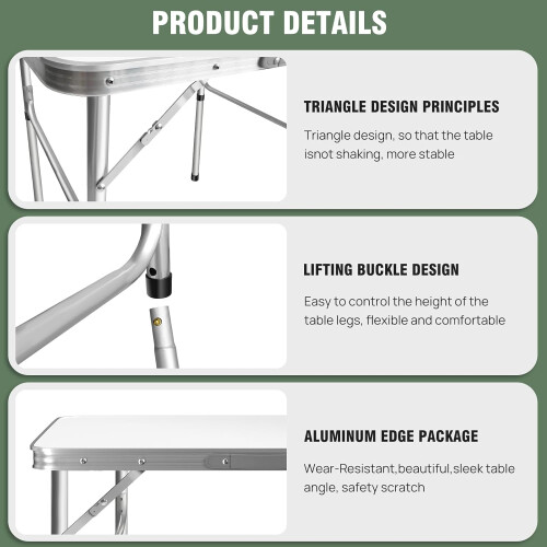 Folding Camping Table with 2 Adjustable Heights, Small Aluminium Folding Table 75cm x 55cm Picnic Table Foldable with Carry Handle 2