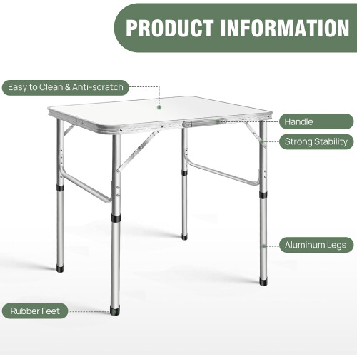 Folding Camping Table with 2 Adjustable Heights, Small Aluminium Folding Table 75cm x 55cm Picnic Table Foldable with Carry Handle 1
