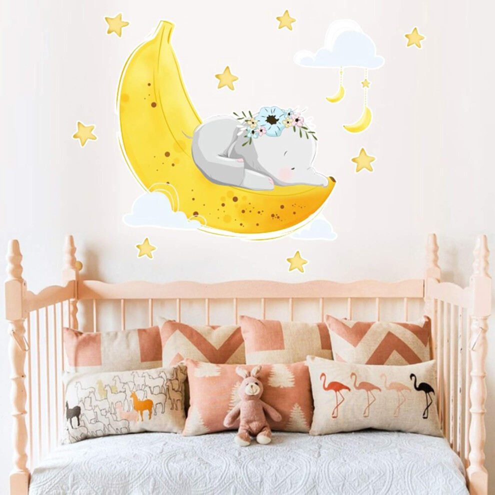 Moon Wall Decal With Lovely Elephant, Bunny Sleeping On The Moon For Baby Nursery Kids Bedroom Removable Home Decoration Gold