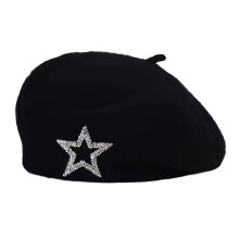 Five Point Star Decors Acrylic Fabric Beret Hat Winter-Black