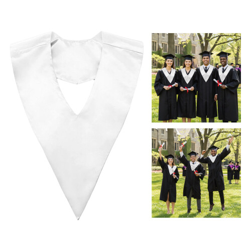 Prom V Cut Graduation Stole Premium Thick Satins Academic-White 2
