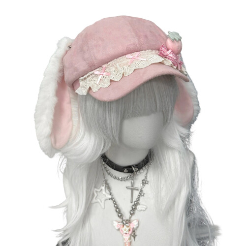 Stylish Octagonal Beret Hat With Strawberry and Long-Pink