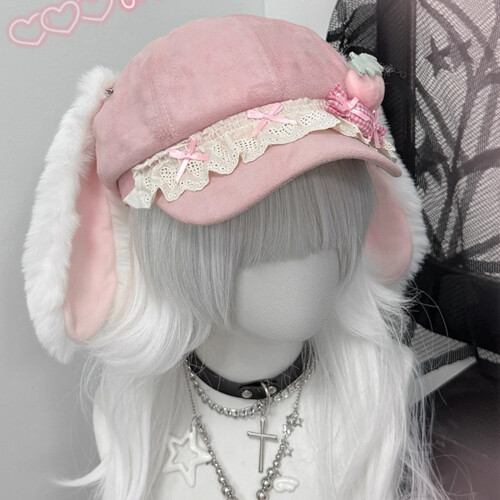 Stylish Octagonal Beret Hat With Strawberry and Long-Pink 1