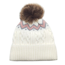 Warm Acrylic Knitted Hat with Color Block and PomPoms-White M