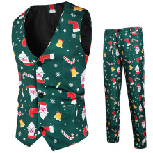Men's Christmas Suit 2Piece SlimFit Vest Set Christmas Motif Jacket Blazer Trousers Green XL