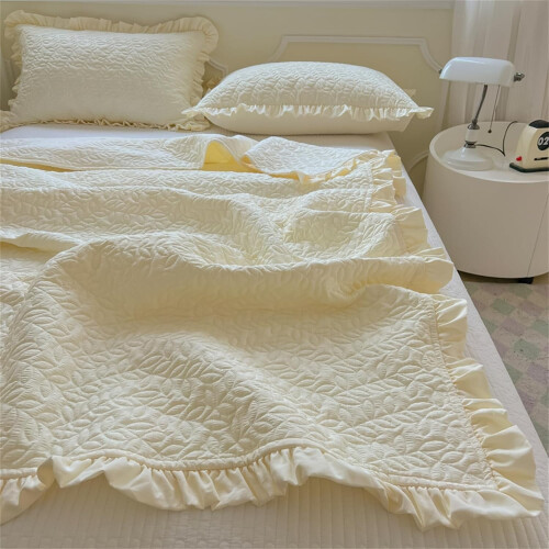 Solid Color Bed Throws Quilted Bedspreads With Ruffles, Lightweight Patchwork Quilt, Cotton Throw, Yellow 200x230 Cm 2