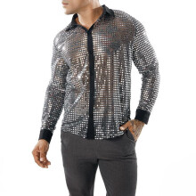 Men's Shiny Shirt Sequin Glitter Shirt Wedding Party Clubwear Summer Casual Long Sleeve Regular Fit Silver 3XL