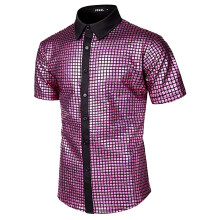 Shiny Metallic Shirts for Men Short Sleeve Sequin Shirt Purple M Retro Disco Party Tops
