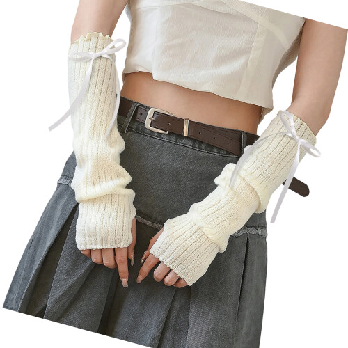 Gants tricotés texturés, longues manchettes, Style-Blanc