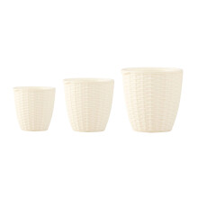 Conjunto de três vasos de cerâmica para uso interno e externo, com sistema de drenagem que evita o excesso de água e padrão ondulado em relevo