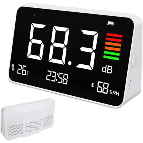 Digital Sound Level Meter  30130 dB Range, LED Display, Desktop Noise Meter, Time Temperature Humidity Indicator 2