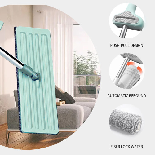 Innovative Cleaning Solution, Large Flat Mop with Self Wringing Capability, Effective Cleaning System, Stainless Steel Long Handle, Quick-Drying Mats, 2