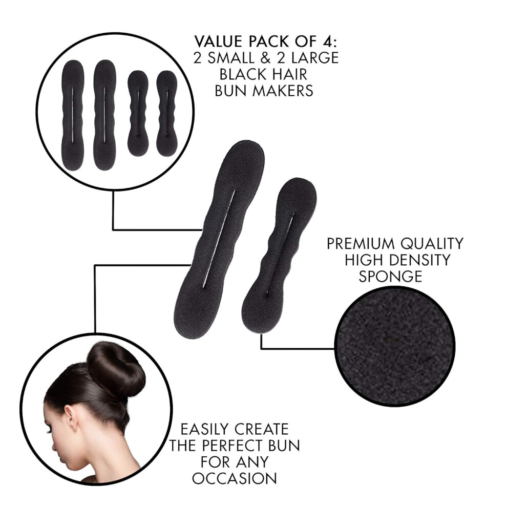 Unisex Black Bun Maker For Ballet, French Twist Foam Sponge Shaper Accessories For Easy Lightweight Heatless Curls Updos, 4 Pieces (Black)