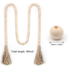 Rustic Home Decor, Handmade Wood Bead Garland With Tassels For Farmhouse Style, Solid Pattern Type Jute Rope Hanging Wall Decoration