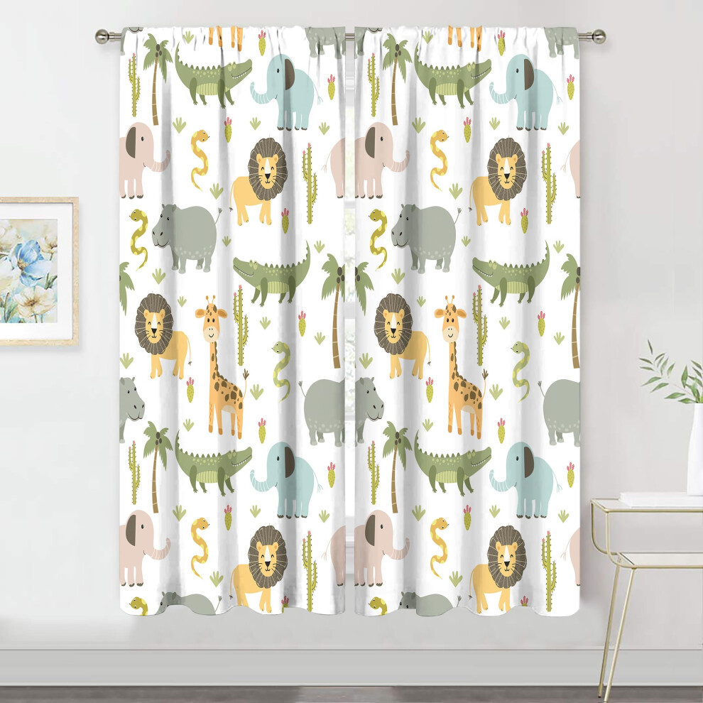 Safari Animals Kids Room Curtains 29'X63' Rod Pocket Boys Jungle Lion Elephant 2 Panels Green