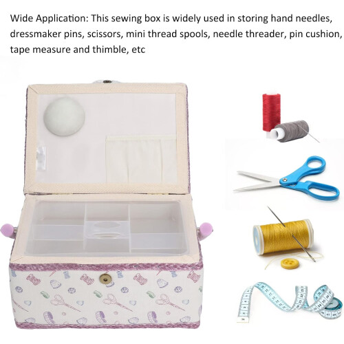 Portable Sewing Box,  Polyester Organizer for Needles, Scissors, Elegant Kit, Purple 2