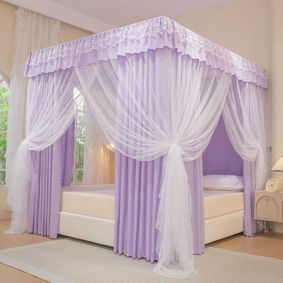 Canopy Curtain With 4 Corners, Solid Color, Princessstyle, Mosquito Net, Doublelayer, 3 Openings (Purple) Purple