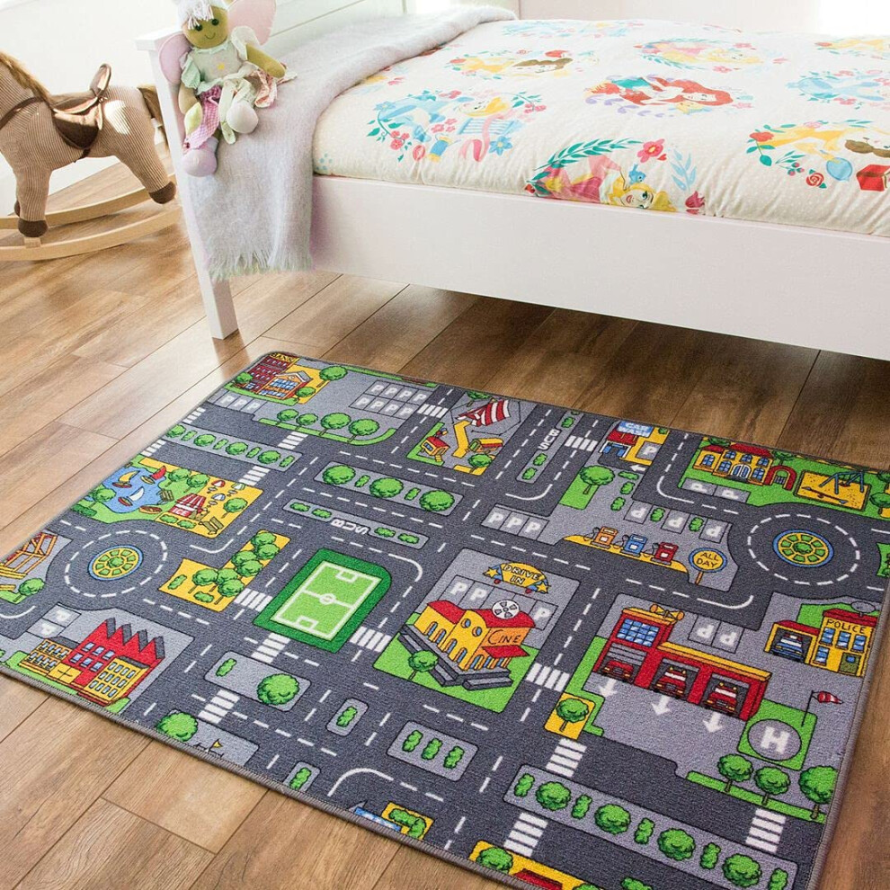Children's Roads Car Activity Play Mat Educational Toy Nursery Room Bedroom Educational Animal Rug 80Cm X 120Cm Grey The Rug House
