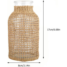Clear Glass Boho Style Vase, Elevate Your Space With Rattan Wrapped Beauty, Ideal For Fresh Or Faux Floral Arrangements, Home Office Decoration