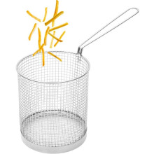 Cesto de fritura redondo em aço inoxidável, com tela de arame e alça removível, ideal para uso doméstico, fácil de guardar e com qualidade