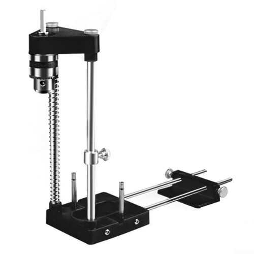 Efficient portable drill guide for woodworking, flexible backplate for easy positioning (black)