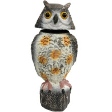 Fake realistic owl decoy with 360 rotating head, PE plastic bird deterrent to scare birds away.