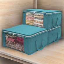 Foldable Fabric Storage Box for Under Bed Clothing, Clothes Organizer with Clear Windows, Portable Zipper Closure for Closet, Blue, 3 Compartments, 3