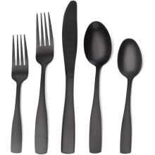 Premium bestekcollectie, 5-delige matzwarte bestekset met satijnen afwerking en vaatwasmachinebestendig, inclusief roestwerend materiaal.