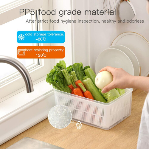 Versatile Refrigerator Storage, Clear Containers Body With Removable Colander Lid, Adjustable Foldable Partition, Stackable Food Containers for 2