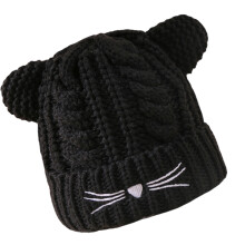 Chapeau tricoté avec oreilles de chat de dessin animé,-Noir