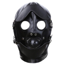 Adult Sex Toys BDSM Bondage PU Full Head Cover Mask with Oral Stopper Ball, Black Leather Fetish Accessory for Women