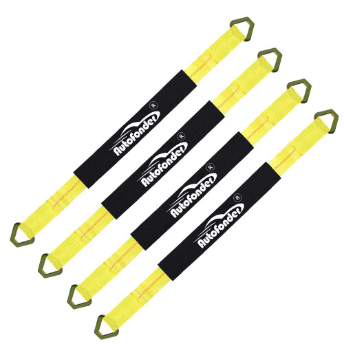 4 Pack 2 Inch Axle Straps with DRing, Adjustable Wheel Tie Down Kit, Protective Sleeve, Yellow