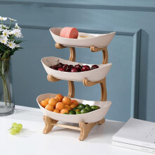Elegant udseende, pladsbesparende design, frugtkurv i porcelæn til opbevaring af grøntsager, holdbart porcelænsstativ i bambustræ, aftageligt