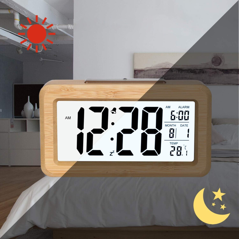 Wooden Digital Alarm Clocks, Sensor-Activated Backlight for Nighttime Visibility, 12HR_24HR Format for Personalized Time Display, Decorative Bamboo
