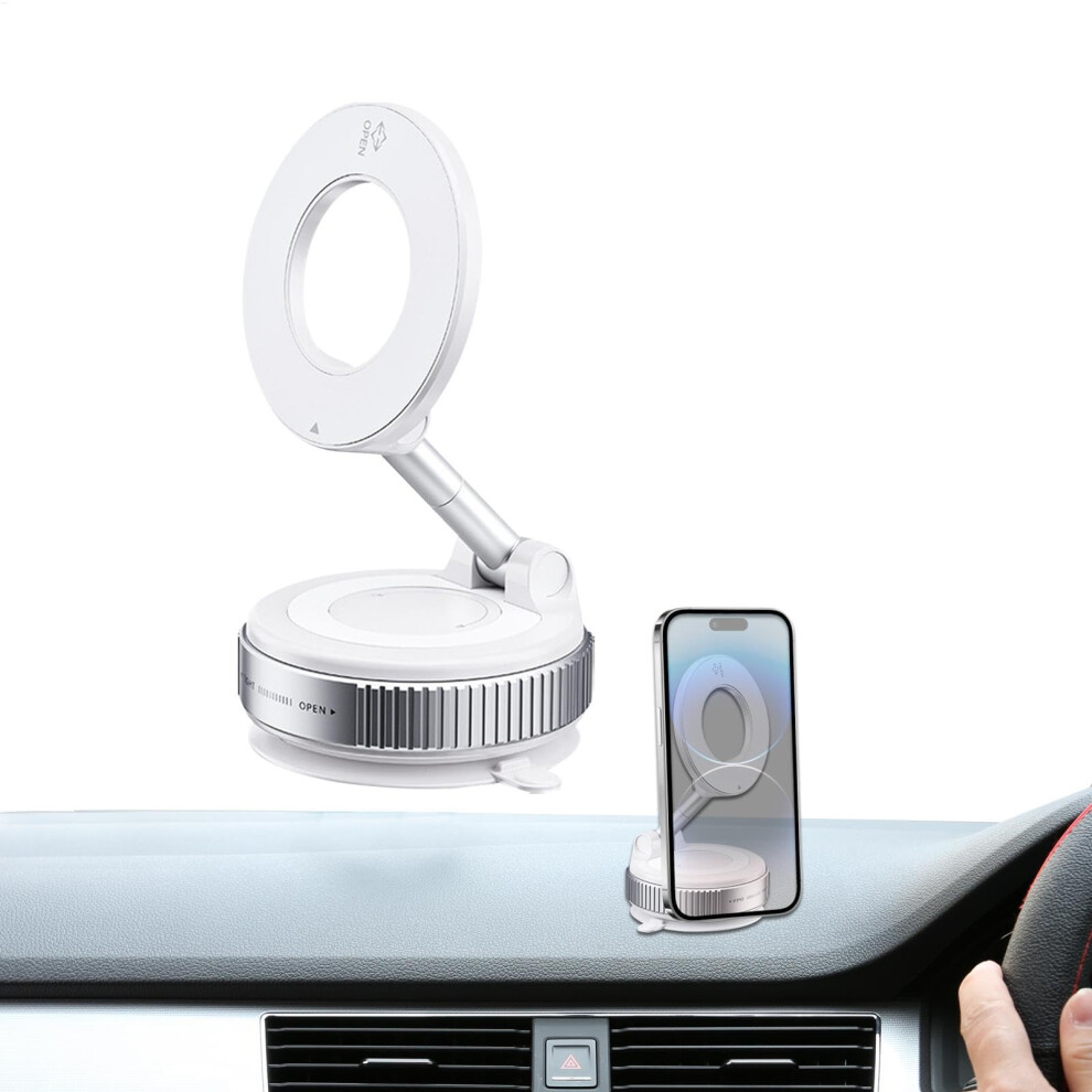 Car Phone Holder With Vacuum Suction Grip, 2800Gf Magnetic Force, 360 Adjustable Foldable Mount For All Smartphones White 9365049989770
