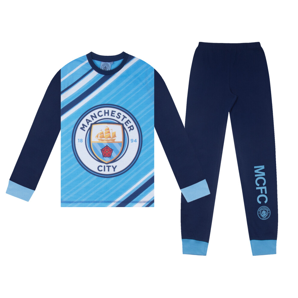 Manchester City Fc (Sky 5-6 Years) Manchester City Boys Pyjamas Long Sublimation Kids Official Football Gift Blue