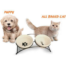 Ceramic Pet Bowl Set, Comfortable Height Elevated Pet Dishes for Cats & Small Dogs Under 20kg, Reduce Neck Burden & Protect Floors, Easy to Clean &