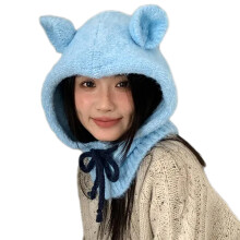 Cagoule tricotée avec oreilles d'ours, chapeau écharpe-bleu ciel