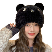 Chapeau de Styles d'ours en peluche, chapeau chaud d'hiver,-Noir