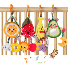 Babyspielzeug für die frühkindliche Entwicklung, niedliche Fruchtmotive mit Multifunktion, 4er-Pack hängende Plüschrasseln für Säuglinge