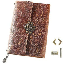 Caderno artesanal em couro legítimo bovino com páginas vintage com estampa de chave antiga, ideal para viagens, desenhos e presentes (marrom, 200 x